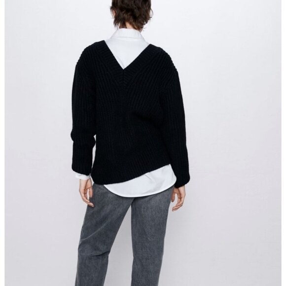 NEW! Zara Oversized Chunky Knit V Neck Sweater Black SZ S - Picture 5 of 14